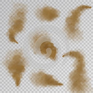 Sand cloud. Dry dust fog, desert sandy air explosion with particles. Brown dirty spray vector isolated textures