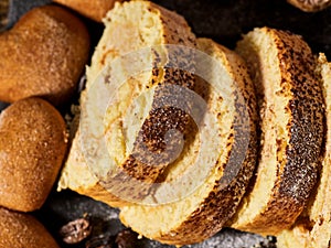 Sand cookies heart shape, rolled cake with cherry and cinnamon