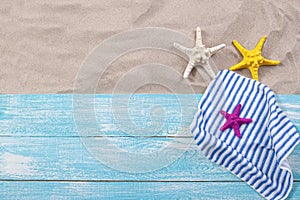 Sand copy space. Sand background top view. Sand copy space. Sand background top view. Beach towels and starfish