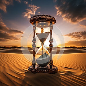 Sand draining in hourglass in desert photo