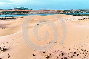 Písek duna v,. krásný písčitý poušť. písek duny na z řeka. svítání v písek duny 