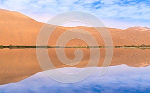 Badain Jaran Desert with lake and reflection