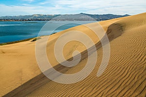 Sand Dunes on the Beach. Blue Water, Blue Sky, and Golden Sand