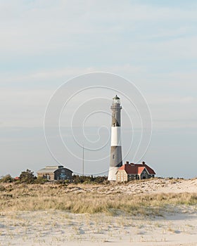 Sand dunes and the Fire Island Lighthouse in Long Island, New York