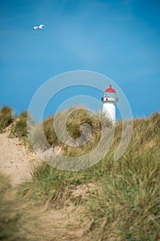 The sand dunes, and the grade II listed building Point of Ayr Lighthouse at Talacre beach in Wales on a sunny summer day photo