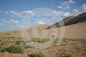 Between sand dunes and green vegetation, Gobi Desert, Mongolia.