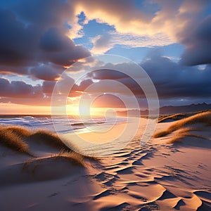 sand dunes kissed by the golden sunlight at a deserted beach trending on artstation sharp focus