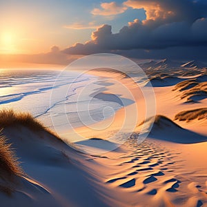 sand dunes kissed by the golden sunlight at a deserted beach trending on artstation sharp focus