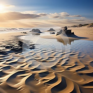 sand dunes kissed by the golden sunlight at a deserted beach trending on artstation sharp focus