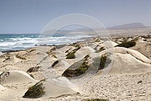 Sand dunes landscape with the Atlantic Ocean in the background on Boa Vista