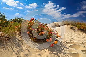 sand dunes with leaves and flowers, creating vibrant patterns against the backdrop of blue skies