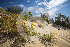 sand dunes with leaves and flowers, creating vibrant patterns against the backdrop of blue skies