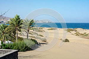 Sand dunes of Maspalomas with a view of the city on Gran Canaria, Spain