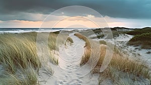 Sand dunes and a path leading to the sea. Empty sandy beach with wild grass growing on dunes. Stormy sky. Generative AI