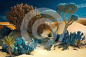 Sand dunes rising against a blue sky, warm golden light, with plants and cacti. Generative AI