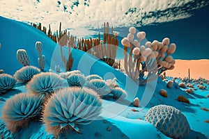 Sand dunes rising against a blue sky, warm golden light, with plants and cacti. Generative AI