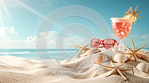 Sand dunes on seaside shells, sandals, sunglasses, cocktail, background, beach