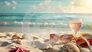 Sand dunes on seaside shells, sandals, sunglasses, cocktail, background, beach