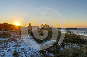 Sand Dunes Sunset in Snow, Oostende, Belgium