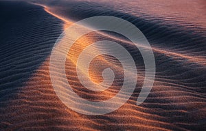 The sand dunes during sunset. Summer landscape in the desert. Natural abstract background. Hot weather. Lines on the sand.