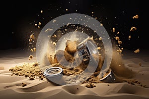 sand explosion of a buried treasure, with gold and silver coins spilling out