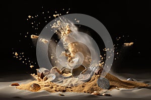 sand explosion of a buried treasure, with gold and silver coins spilling out