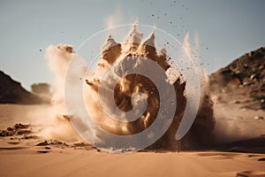 sand explosion in close-up, showing the moment of detonation