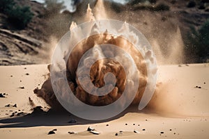 sand explosion in close-up, showing the moment of detonation