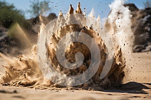 sand explosion in close-up, showing the moment of detonation