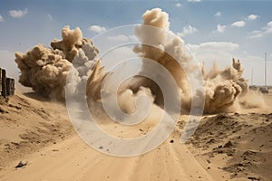 sand explosion, with dust and debris flying in the air after a mine blast