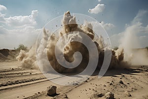 sand explosion, with dust and debris flying in the air after a mine blast