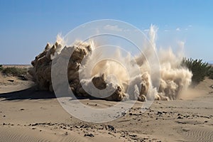 sand explosion, with the epicenter of the blast and subsequent shockwave visible