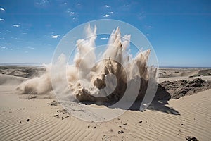 sand explosion, with the epicenter of the blast and subsequent shockwave visible