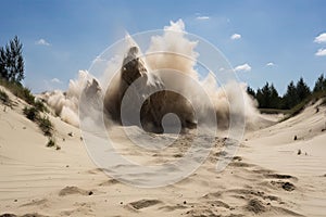 sand explosion, with the epicenter of the blast and subsequent shockwave visible