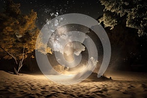 sand explosion in magical forest, with twinkling stars and moon above
