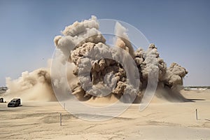 sand explosion, with smoke and fire billowing from the blast site