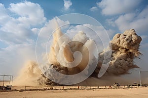 sand explosion, with smoke and fire billowing from the blast site