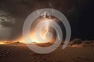 sand explosion in a storm, with lightning bolts and thunderbolts photo