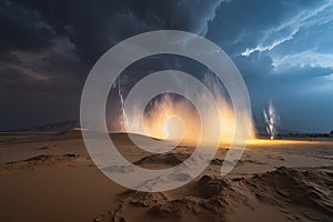 sand explosion in a storm, with lightning bolts and thunderbolts photo