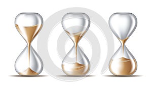 Sand falling in the hourglass in three different states on white background.