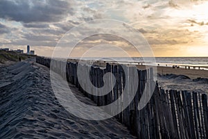 Sand fence on wide windy beach of North sea near Zandvoort in Netherlands