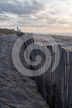 Sand fence on wide windy beach of North sea near Zandvoort in Netherlands