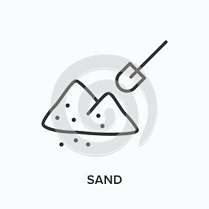 Sand flat line icon. Vector outline illustration of sandpit and shovel. Black thin linear pictogram for earthwork tool