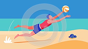 Sand flying up from the perfectly timed dive of a beach volleyball player as they lunged to save an incoming spike