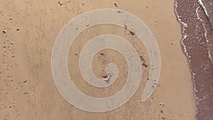 Sand footprints on white sandy beach. aerial