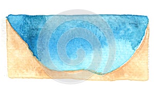 Sand ground and sea water top view banner watercolor.