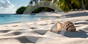 Sand in harmony with shells on a tranquil beach at sunset. Generative AI