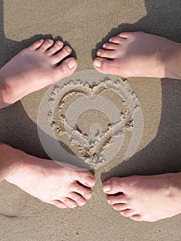Sand heart with lovers foot