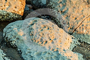 Sand layer above the rocks on the sea beach photo