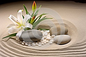 Sand with lily flower surrounded with spa stones. Generate ai